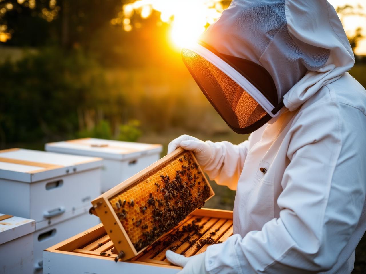 Apicultor con traje de protección inspeccionando panal de abejas
