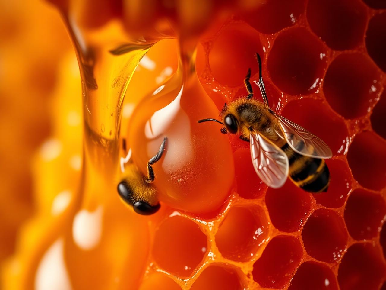 Macro de panal con abeja sobre miel dorada